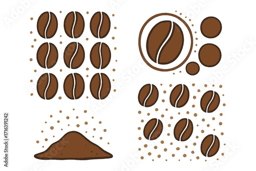 Set of coffee beans and grounds vector elements. Minimalist graphic collection for cafe menu or logo design. Roasted arabica bean icons and patterns for caffeine concept.