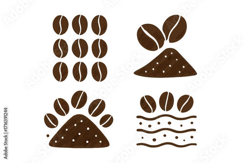 Coffee bean and grounds icon set. Minimalist vector collection including creative patterns, a pile of ground coffee, and a unique paw print concept for cafe branding.