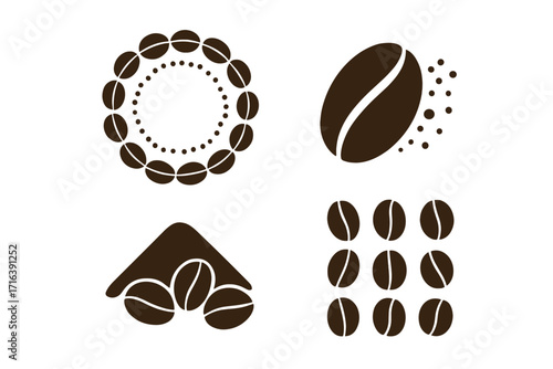 Set of coffee bean vector icons. Minimalist graphic logos for cafe branding. Collection of abstract roasted coffee beans symbols, patterns, and signs. Espresso caffeine concept.