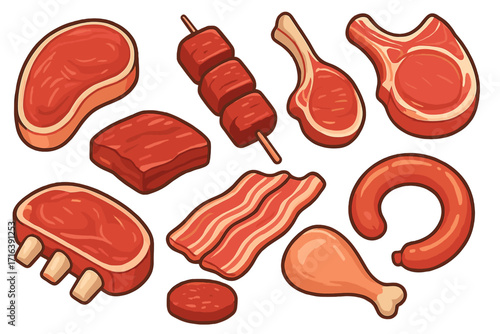 Raw meat set vector cartoon illustration. Fresh beef steak, pork chop, lamb, bacon, ribs, sausage, chicken leg and kebab for butcher shop, grilling and barbecue menu design.