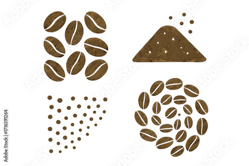 Coffee bean and ground powder vector icon set. Minimalist flat design element collection for cafe menu or packaging. Roasted arabica espresso ingredient graphic illustration.