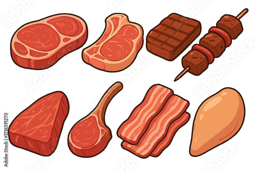 Set of cartoon meat icons. Raw beef steak, pork, lamb chop, chicken fillet, bacon, and grilled bbq kebab. Vector food illustration for butcher shop or restaurant menu.