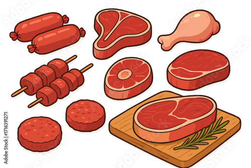 Raw meat cuts vector illustration set for butcher shop or grill menu. Beef steak, pork sausage, chicken leg, and burger patty collection. Cartoon style food icons isolated.