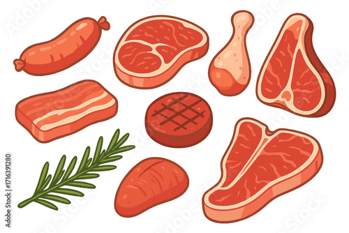 Raw meat cuts vector set for grilling and barbecue. Cartoon illustration of beef steak, pork, sausage, bacon, and chicken for butcher shop or grocery menu design.