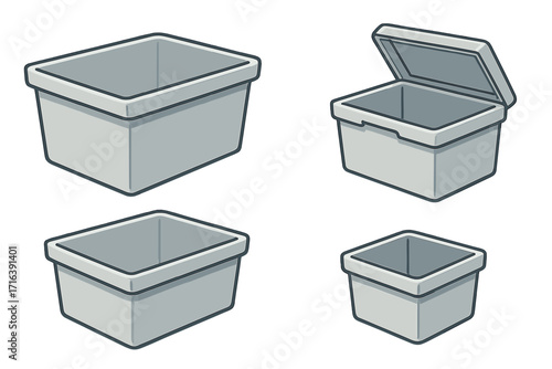 Set of plastic storage containers. Vector illustration of open empty boxes of various sizes. Cooler box, bin, and organizer for food, moving or home storage concept.