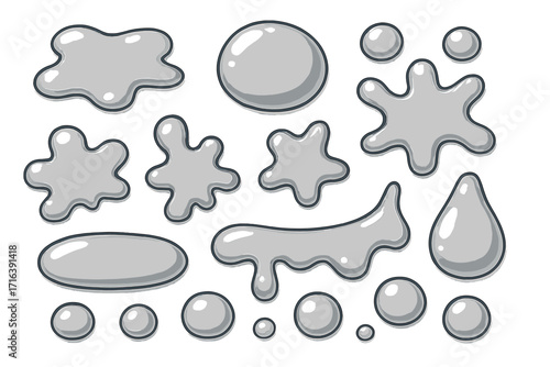 Set of liquid metal drops and splashes. Glossy silver chrome blobs in various shapes. 3D cartoon vector illustration of mercury puddles. Abstract shiny design elements.