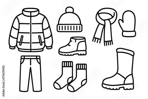 Winter clothing essentials icon set. Simple linear style for cold weather. Vector line art collection with jacket, hat, scarf, mitten, boot, pant, and sock. Isolated outline icons.