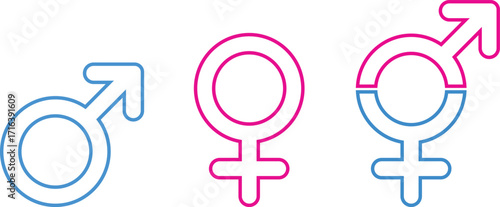 Gender symbol icon set. Male and female signs icon isolated on transparent background. Sex silhouette design elements for equality, diversity, identity, relationship concepts. Vector illustration.