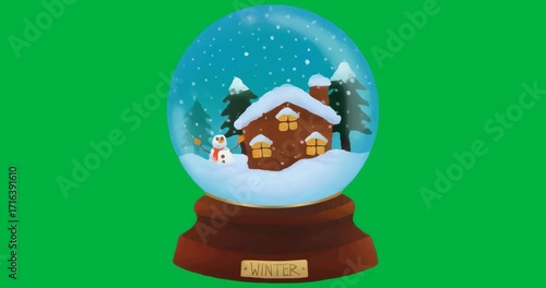 Snow globe showcasing cabin snowman and trees with flakes on transparent background for marketing