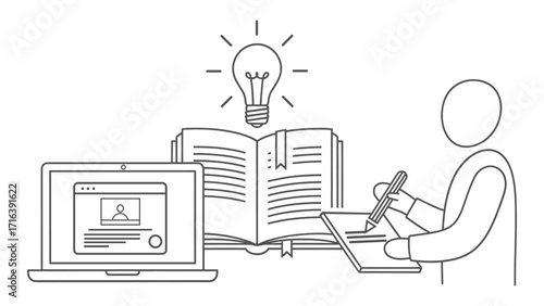 Online learning concept with laptop, book and light bulb isolated on white background