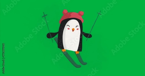 Cartoon penguin skiing on transparent background, showcasing winter sports graphics for designers