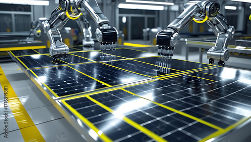 Automated robotic arms precisely assembling solar panels in a modern manufacturing facility