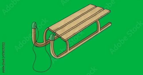 Wooden sled illustration moving on transparent background tracing pull rope motion for holiday ad