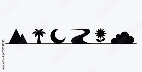 Minimalist black and white landscape with mountain tree moon river flower cloud