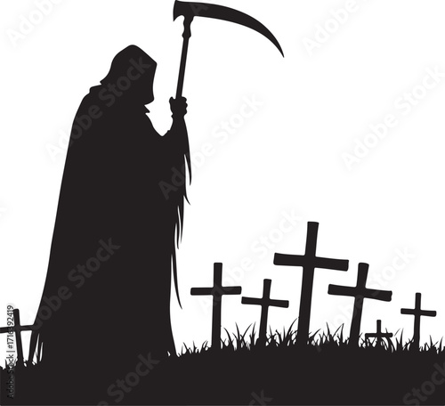 Grim Reaper silhouette with scythe in graveyard death