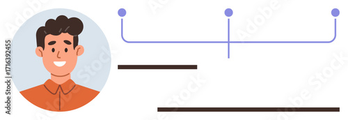 Smiling male avatar on the left alongside a process infographic with connected dots and lines. Ideal for profile representation, user journey, workflow, structure, progress, education, simple flat