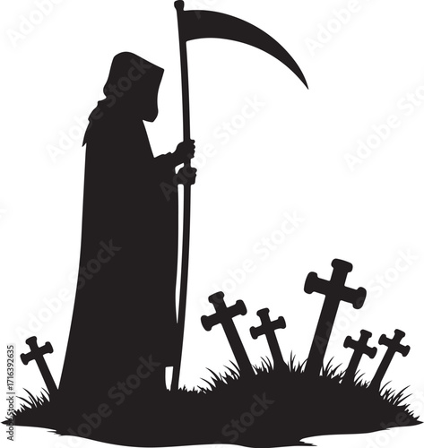 Grim Reaper silhouette with scythe in graveyard with crosses