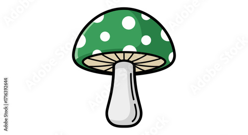 Simple green mushroom with white spots, isolated on a white background, in a cartoon style illustration