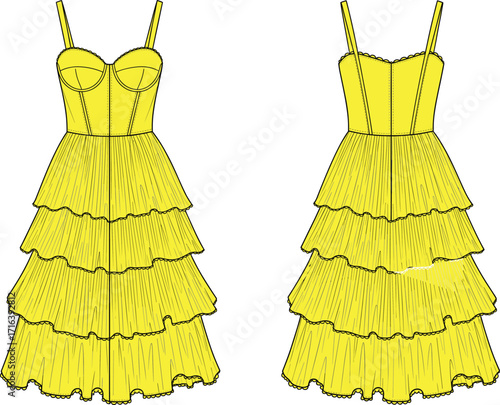  A Dress with a Ruched Bodice, Puff Sleeves, and Tiered Skirt, CAD Drawing