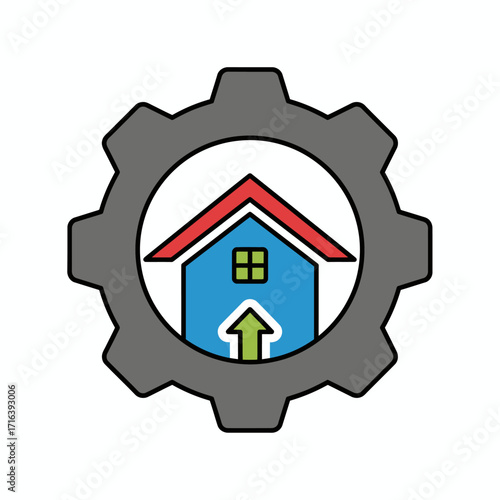 An icon showing a house with an upward arrow inside a gear, representing home improvement, renovation, and property development.