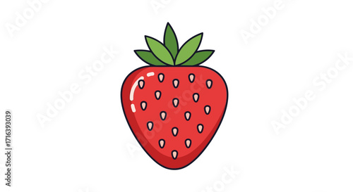 Vibrant Illustration of a Juicy Red Strawberry with Green Leaves Fresh Fruit Design