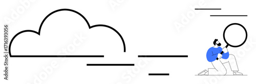 Researcher analyzing a large cloud using a magnifying glass with scattered abstract lines. Ideal for cloud computing, data analysis, research, curiosity, exploration, innovation, simplicity