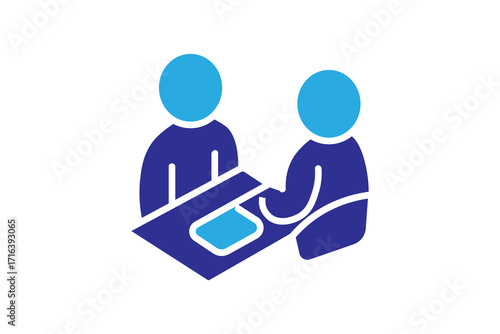 This image shows a minimalist icon of two people sitting at a table. One person is handing or showing a document or tablet to the other.