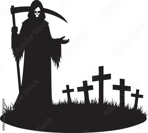 Grim Reaper with Scythe and Graveyard Crosses Silhouette