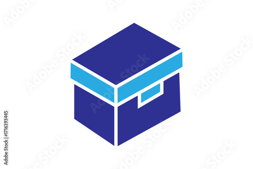 This image shows a minimalist icon of a closed storage box or container. The box is illustrated in an isometric style with a dark blue body and a light blue lid accent.