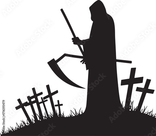 Grim Reaper with Scythe and Gravestones Silhouette