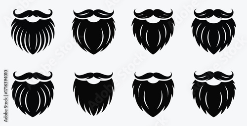 Set of eight black beard and mustache icons on white background