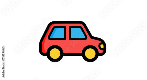 A simple, stylized cartoon illustration of a red car with yellow wheels and blue windows, set against a plain white background, perfect for various design projects