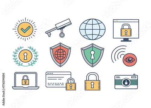Internet Security and Data Protection Icons with Padlocks and Shields Illustration for Cyber Safety Awareness Campaign