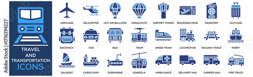 Travel and Transportation icon collection set. Containing design Airplane, Helicopter, Hot Air Balloon, Parachute, Airport Control Tower