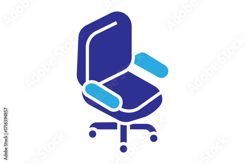This image shows a minimalist icon of an office chair. The chair is designed in a simple isometric style with a dark blue seat and backrest, and light blue armrests.
