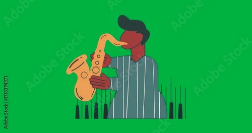 Male musician playing saxophone on transparent background, showing graphic equalizer bars for music