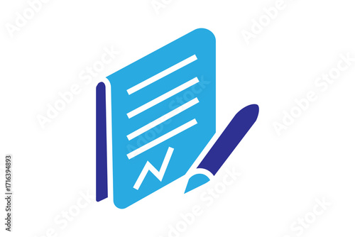 This image shows a minimalist icon of a document or paper with text lines and a signature mark, accompanied by a pen.
