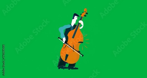 Musician playing orange double bass with blue splashes on transparent background promoting music