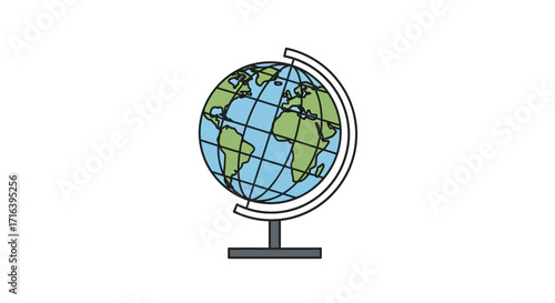 Minimalist cartoon illustration of a world globe on a stand, symbolizing geography, education, and global exploration