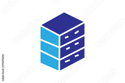 The image is a stylized, minimalist illustration of a three-drawer cabinet or dresser. The design is simple, using clean lines and a limited color palette of two shades of blue and white.