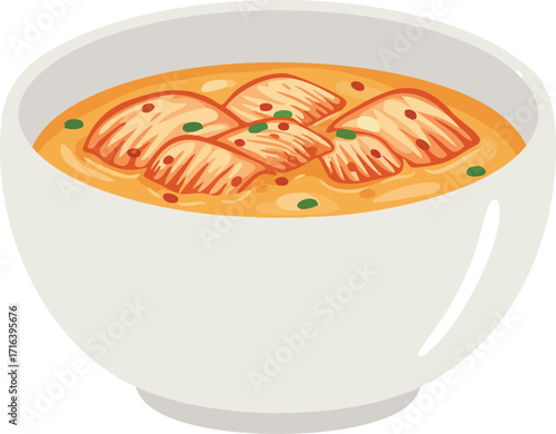 A close-up illustration of a white bowl filled with kimchi soup, garnished with green onions.