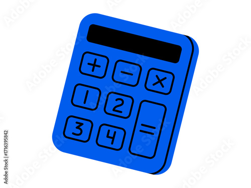 Hand drawn cute illustration of office calculator. Flat vector accounting device doodle. Education or study sticker, icon. Finance income. Calculation and payment of taxes. Isolated.