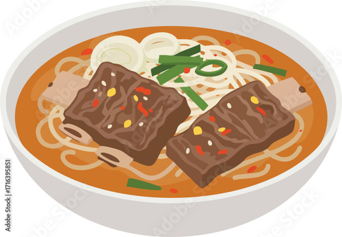 An illustration of a bowl of spicy Korean noodle soup topped with beef short ribs, scallions, and onions.