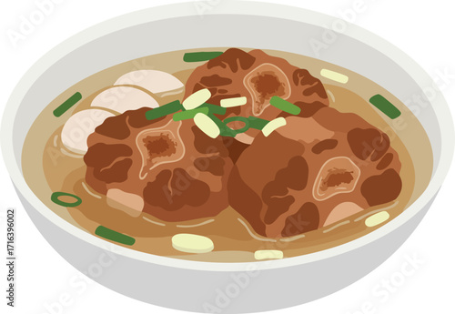 Bowl of oxtail soup with broth, oxtail pieces, and sliced green onions.