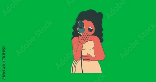 Female singer holding retro mic while glowing blue outline on transparent backdrop in music concept