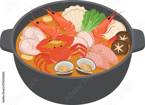 A delicious seafood hot pot brimming with shrimp, crab, clams, and assorted vegetables.