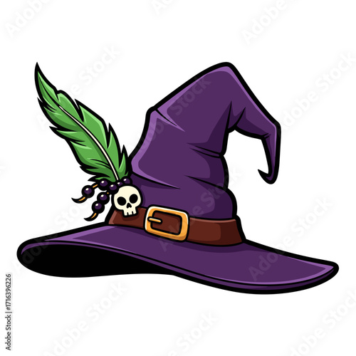 Witch hat with green feather and skull accessory for Halloween graphic on transparent background   