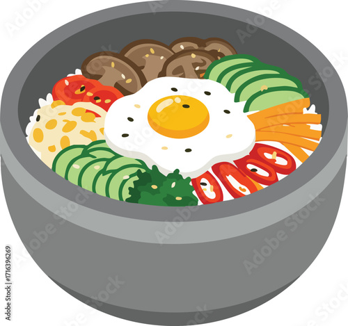 Bibimbap bowl with egg, vegetables, and rice.