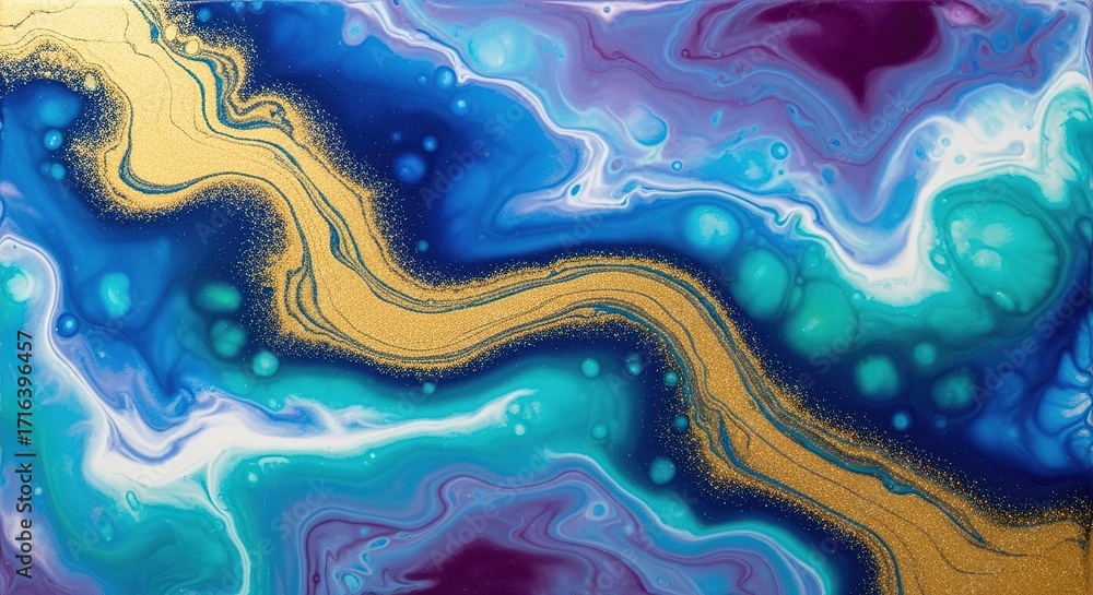 Obraz premium Abstract fluid art, a flowing river of metallic gold and glitter flecks cutting through deep space blue, vibrant teal, and rich purple, cosmic nebula aesthetic, liquid marble texture, hyperrealistic,