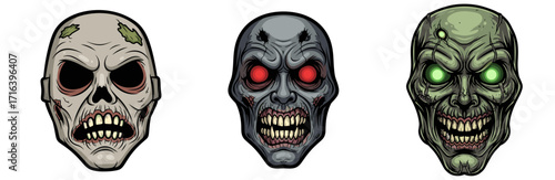 Scary zombie masks with detailed features and vibrant colors for Halloween  
